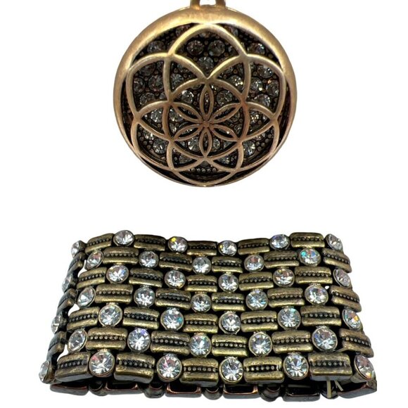 Vintage-Inspired Floral Medallion Necklace & Crystal-Studded Bracelet Set.  C5 - Picture 2 of 15